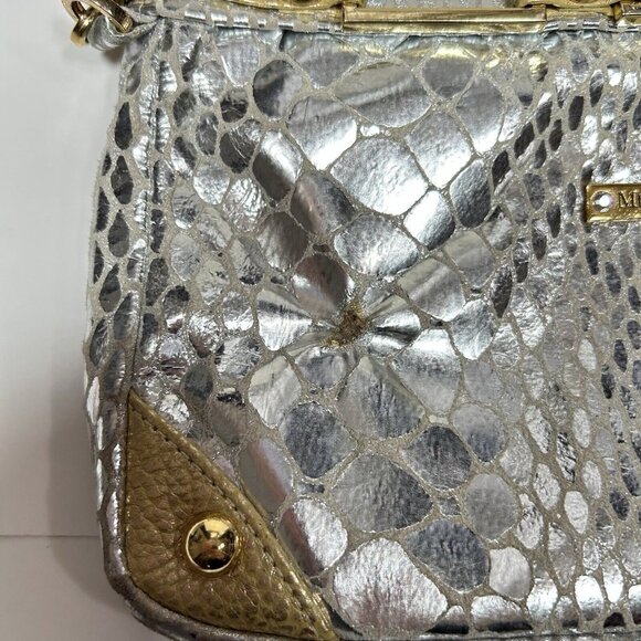MICHELLE MONROE Croc Embossed Silver Gold Convertible Clutch Bag Key Chain Flaw - Picture 2 of 10
